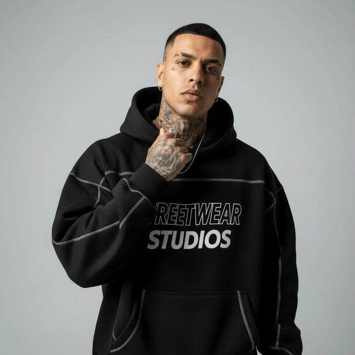 Black Boxy Fleece Hoodie Insulated Unisex