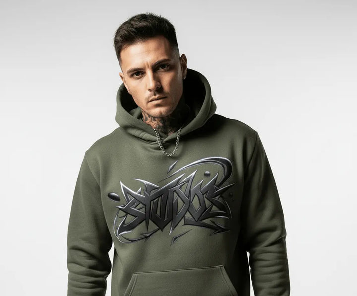 Y2K Gothic Graffiti Boxy Hoodie - Olive Green Y2K Mens